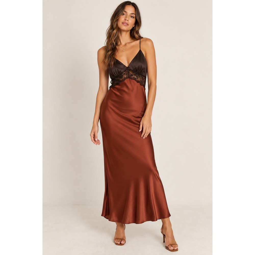 Abercrombie & Fitch Women Brown Rust Lace Trim Satin Maxi Slip Dress Size Large